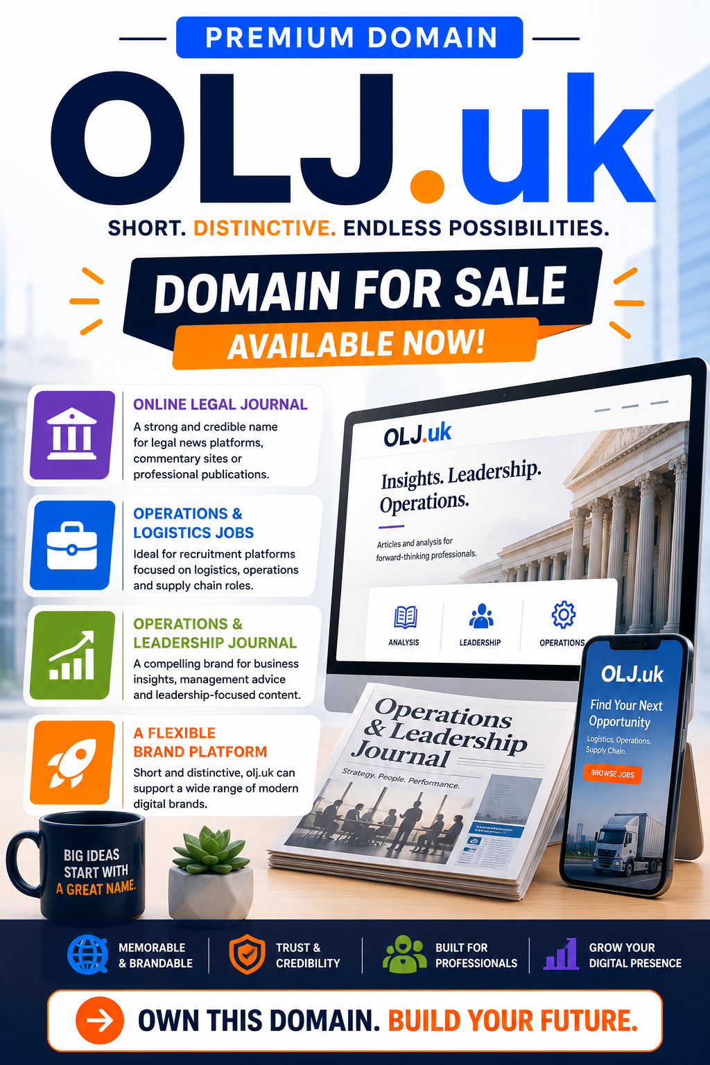 Promotional graphic featuring the domain OLJ.uk with legal, logistics and business journal visuals. Style: bright modern branding.