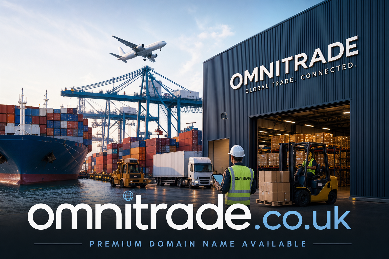 A busy shipping port with stacked cargo containers, large cranes, a cargo ship docked, and an airplane flying overhead. A warehouse labeled OMNITRADE displays workers with a forklift and a man in a high-visibility vest holding a tablet. Text shows omnittrade.co.uk and the note: Premium domain name available.