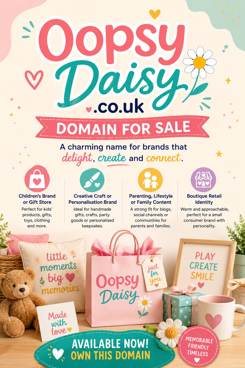 Promotional graphic for oopsydaisy.co.uk with pastel branding, gift bags and playful retail visuals. Style: bright modern.