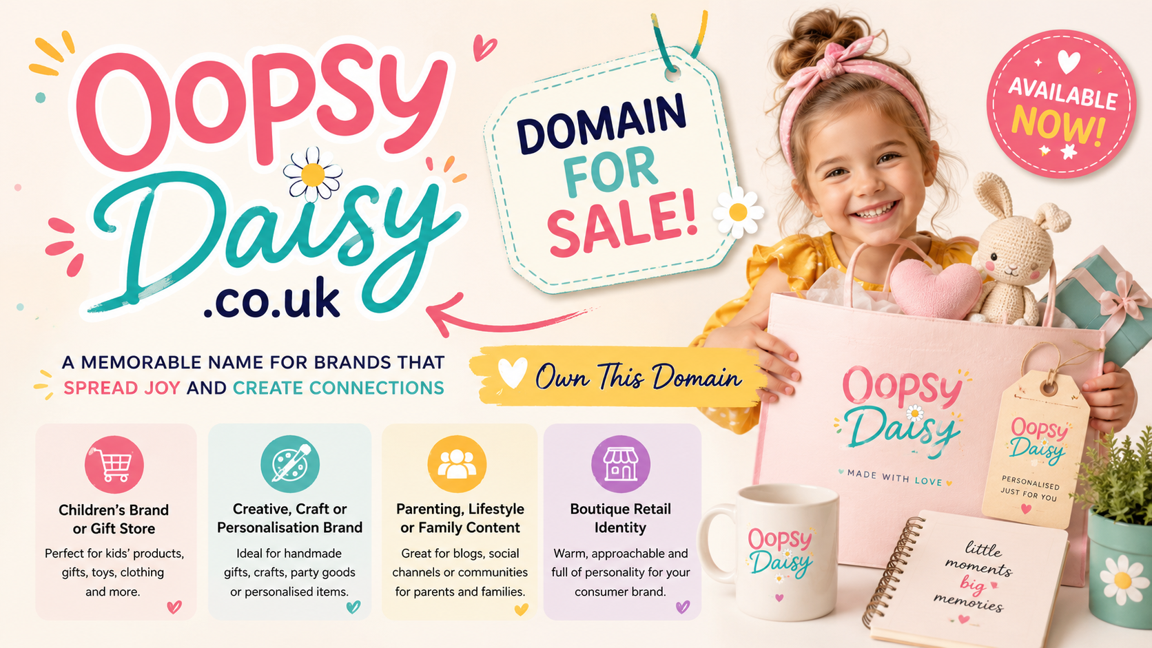 Promotional graphic for oopsydaisy.co.uk with pastel branding, gift bags and playful retail visuals. Style: bright modern.