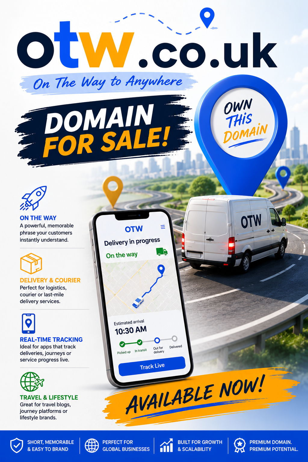 Promotional graphic featuring the domain otw.co.uk with delivery van, map pin and tracking route. Style: bright modern startup branding.