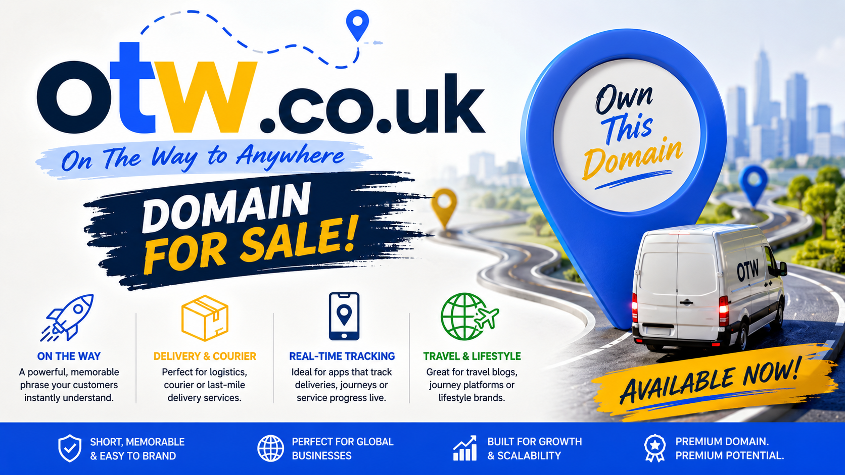 Promotional graphic featuring the domain otw.co.uk with delivery van, map pin and tracking route. Style: bright modern startup branding.