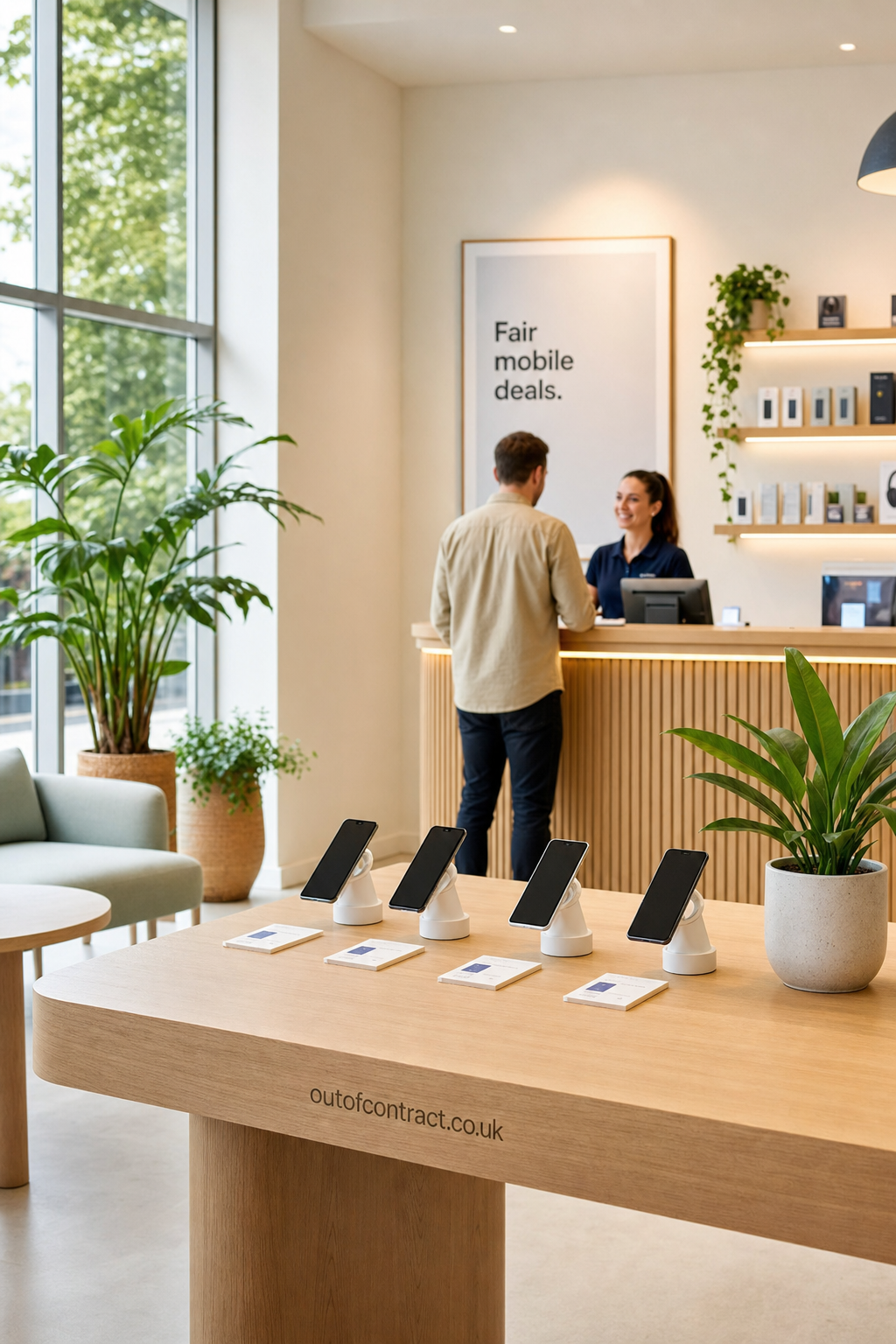 Modern mobile phone retail store interior with smartphones displayed on wooden table and a customer receiving assistance from a staff member at the counter under a sign that reads 'Fair mobile deals.'