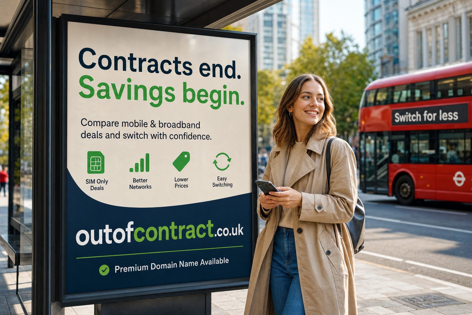 A young woman wearing a beige trench coat and jeans stands on a city street holding a smartphone, smiling and looking to the side. Next to her is a large advertisement board promoting mobile and broadband deals with text about savings and easy switching. A red double-decker bus with a "Switch for less" sign passes by in the background.