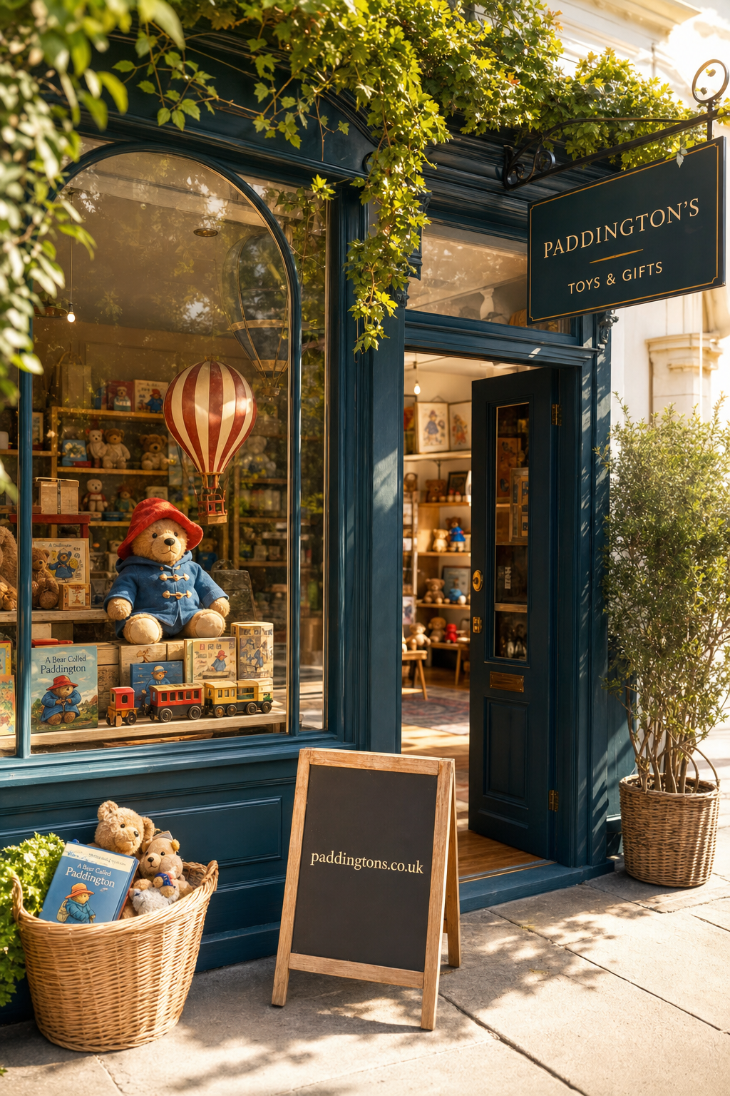 Exterior of a cozy toy and gift shop named Paddington's with a blue storefront, a welcoming open door, a wicker basket filled with teddy bears and children's books, and a window display featuring a large teddy bear, wooden train toys, and vintage-style decorations.