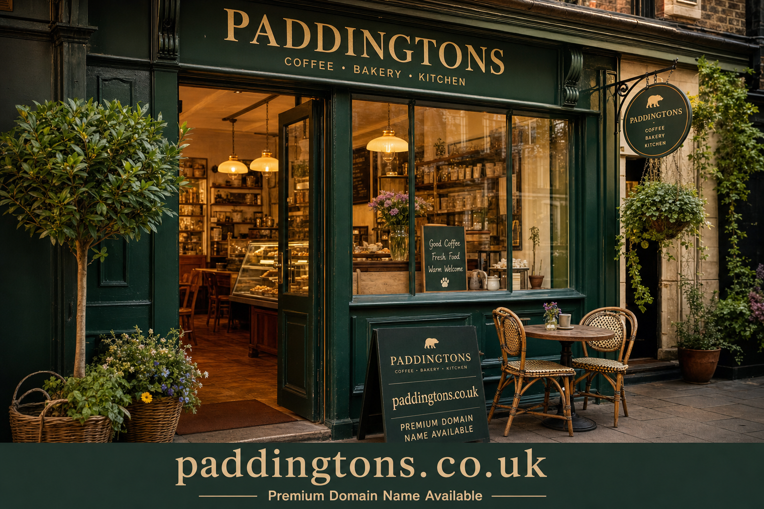 Exterior of a coffee shop named PADDINGTONS with dark green wooden frames, a round table with two wicker chairs outside, and baskets of flowers on the pavement. Warm lighting inside reveals shelves and a display case of baked goods.