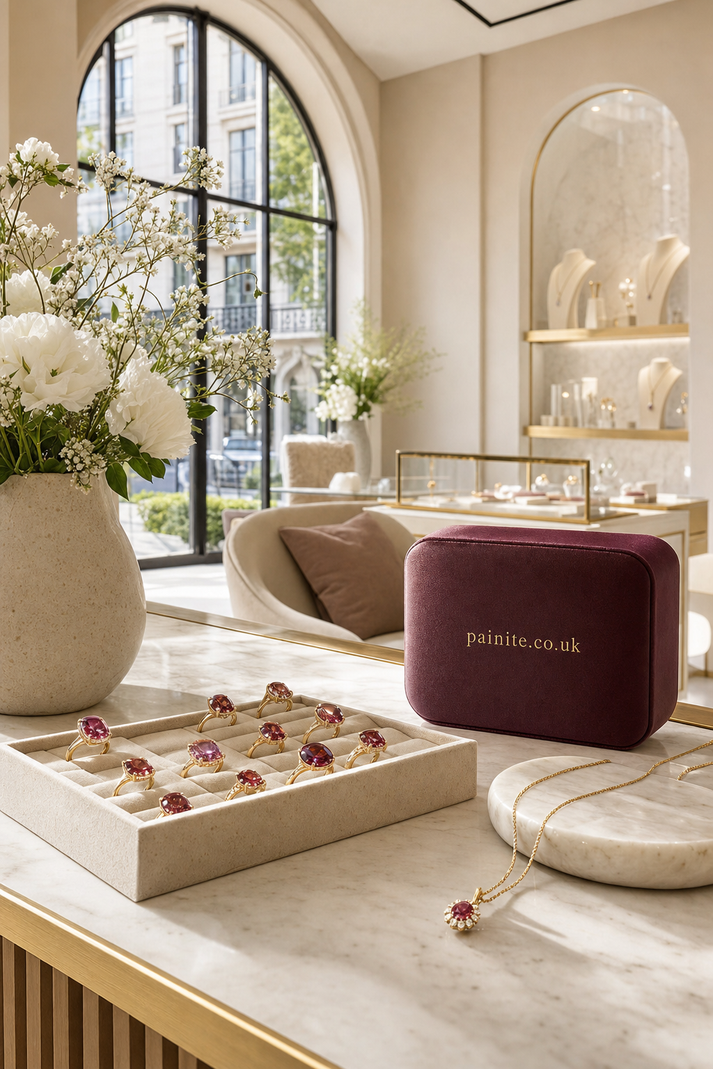 Display of red gemstone rings and matching pendant on a marble table in a bright, high-end jewellery showroom with soft beige and gold accents, featuring a burgundy velvet box embossed with painite.co.uk in gold lettering.
