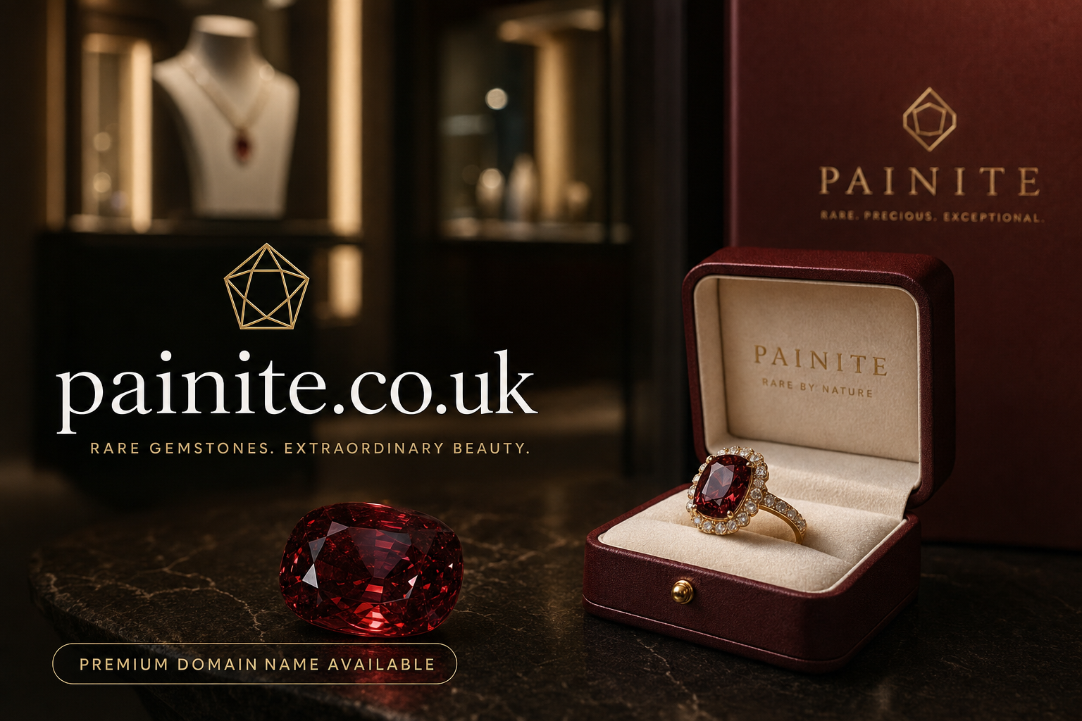 A deep red gemstone rests on a dark surface next to an open burgundy ring box holding a gold ring with a red gemstone surrounded by smaller diamonds. The background shows a blurred jewelry display, and text reads painite.co.uk with a note about the premium domain name availability.