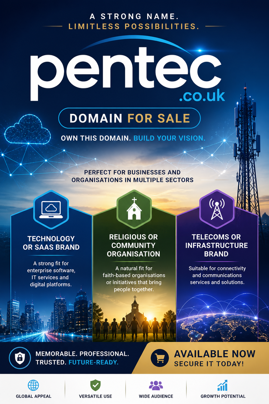 Promotional graphic featuring the domain pentec.co.uk, shown with tech network and signal icons. Style: modern tech