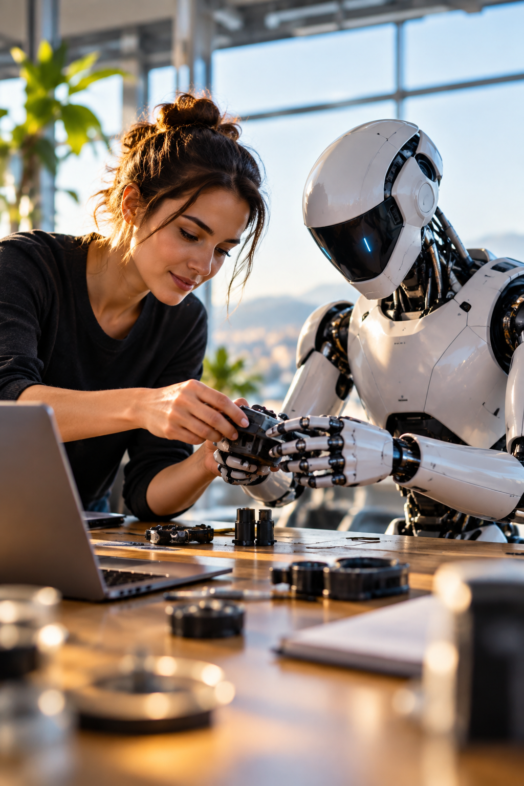 An AI engineer works hands-on with an advanced humanoid robot in a sunlit robotics lab, illustrating Physicalsi.uk as a brand for Physical Super Intelligence and embodied AI.