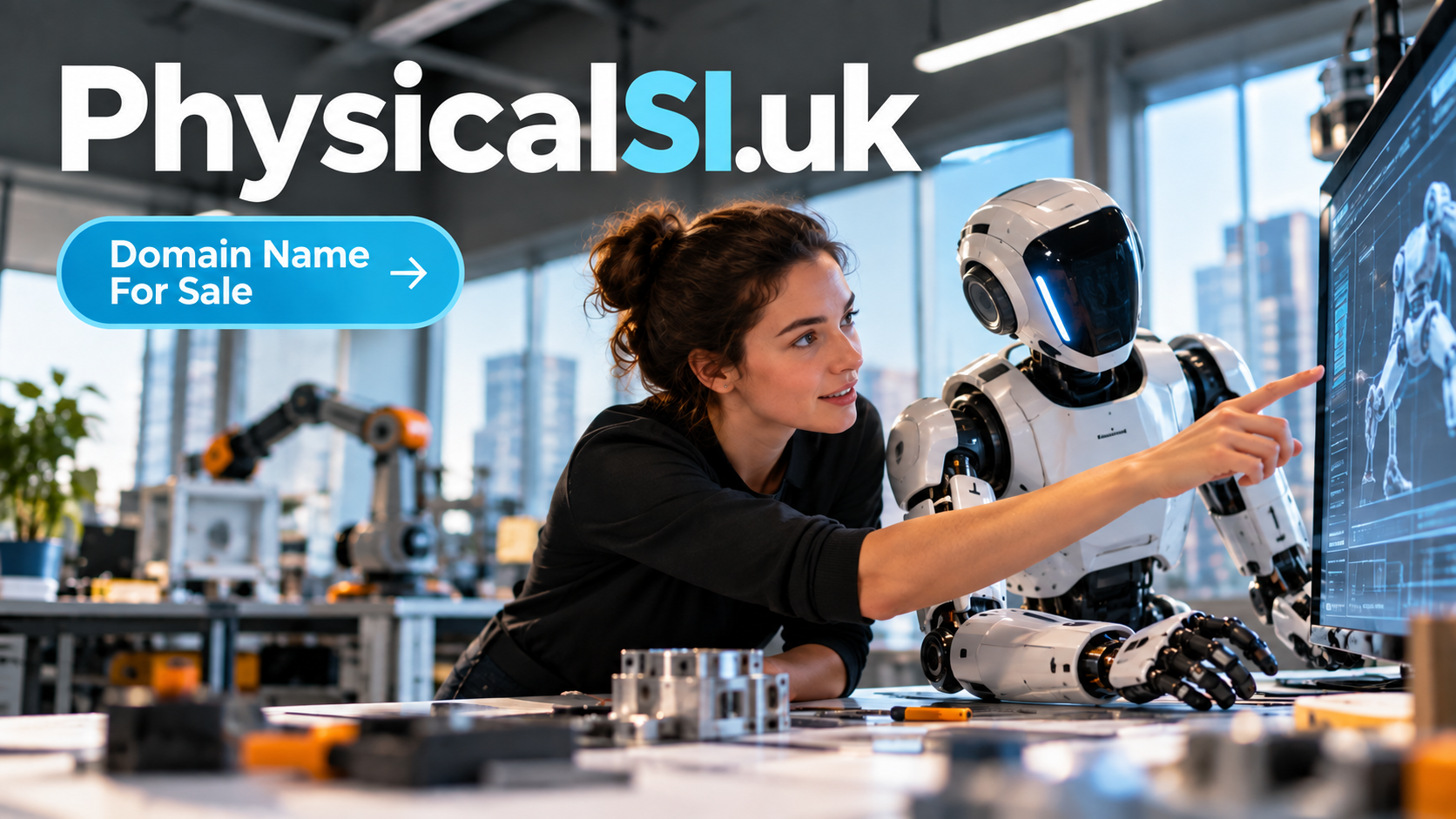 Robotics engineer works alongside a humanoid AI robot in a bright laboratory, studying robotic designs on a large display beneath the Physicalsi.uk domain name.