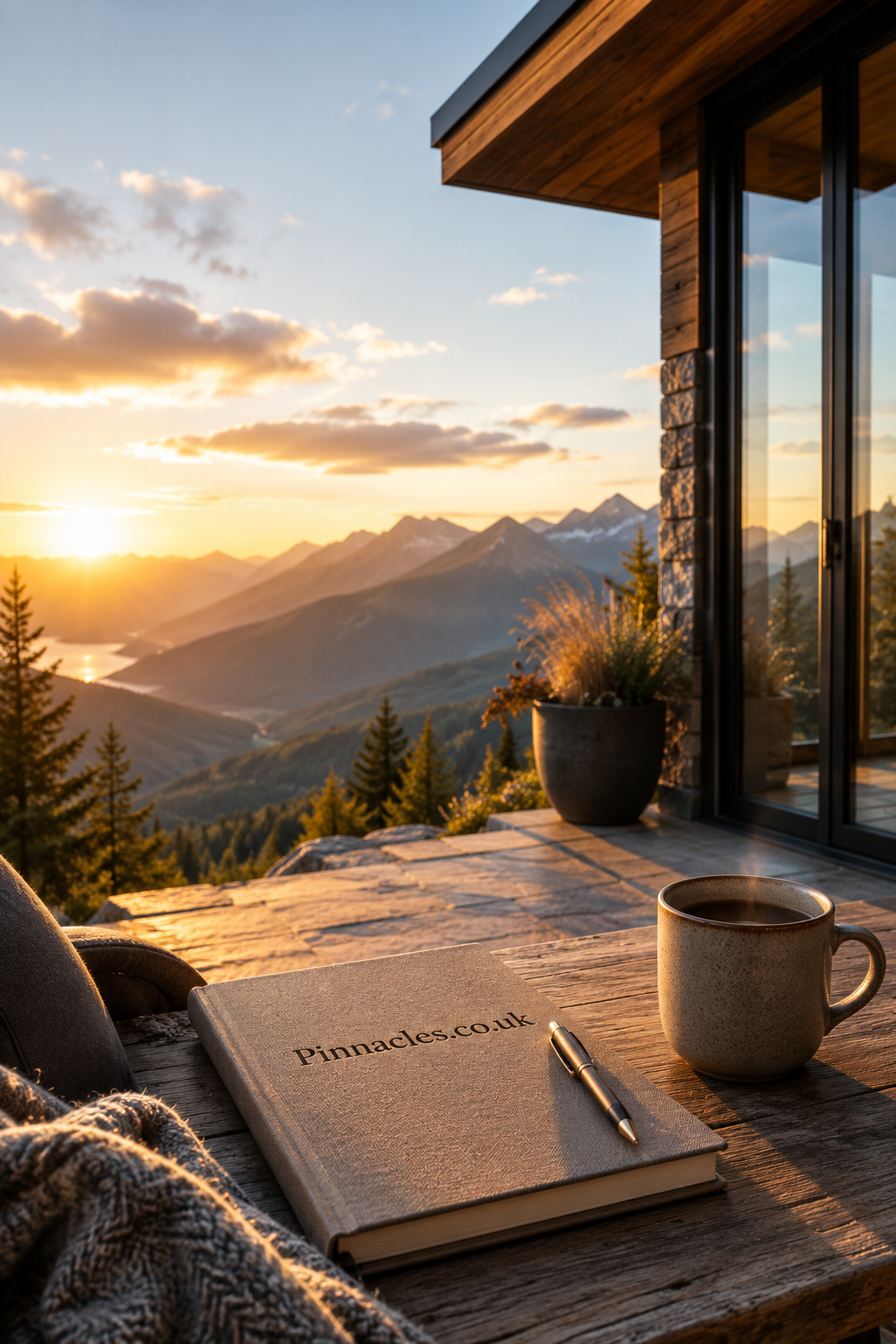 Morning sunlight illuminates a luxury mountain retreat overlooking dramatic peaks. A notebook embossed with Pinnacles.co.uk rests beside a coffee mug on a rustic wooden table, creating an inspiring scene of adventure, ambition and premium travel branding.