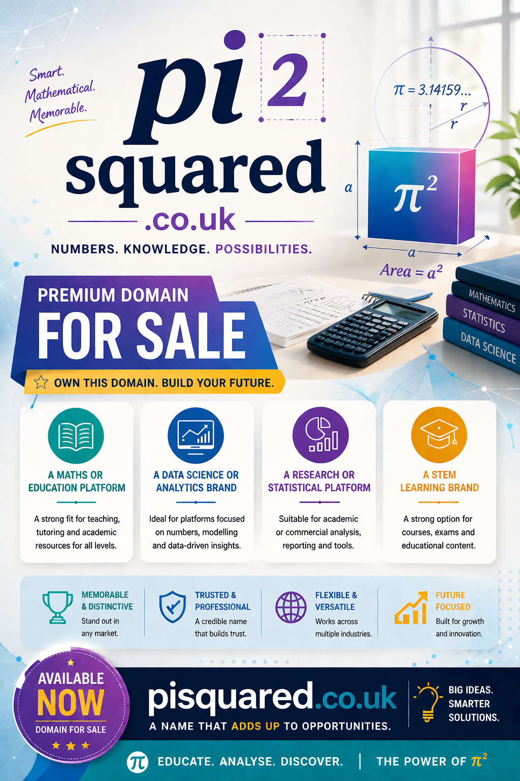 Promotional graphic featuring the domain pisquared.co.uk, shown with pi symbol and maths icons. Style: bright modern educational.