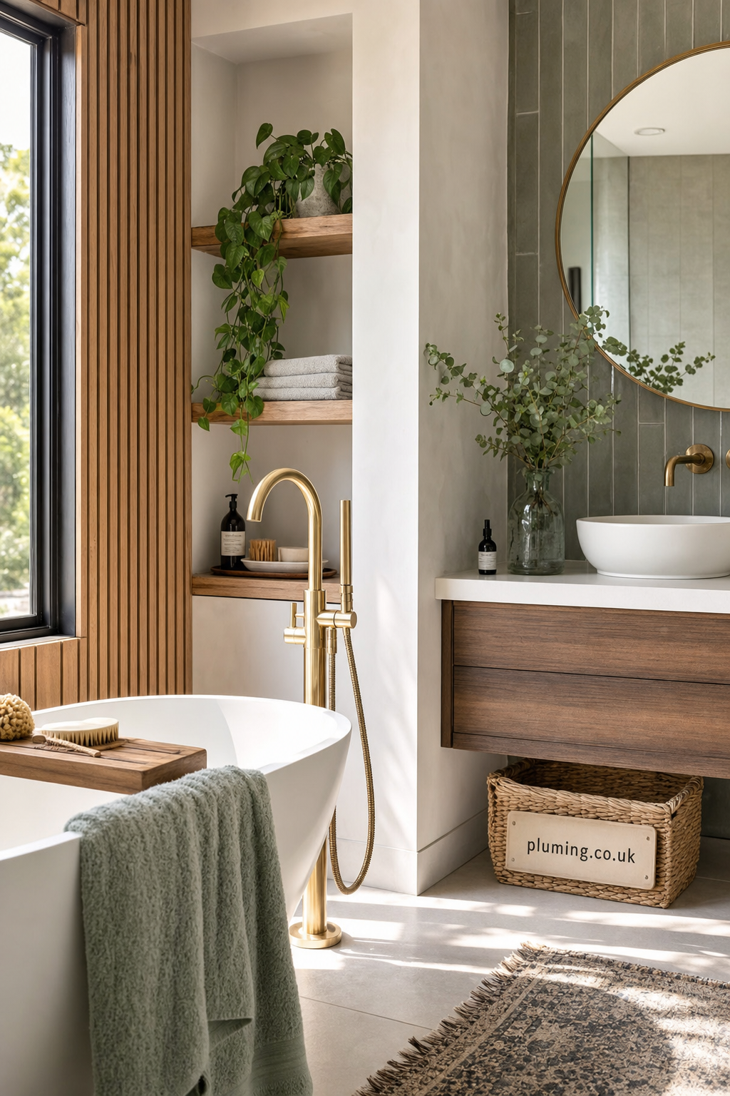 Freestanding white bathtub with brass floor-mounted faucet and hand shower in a contemporary bathroom with wooden shelves holding plants and towels, a vanity with round mirror and brass tap, and wicker basket labeled pluming.co.uk.