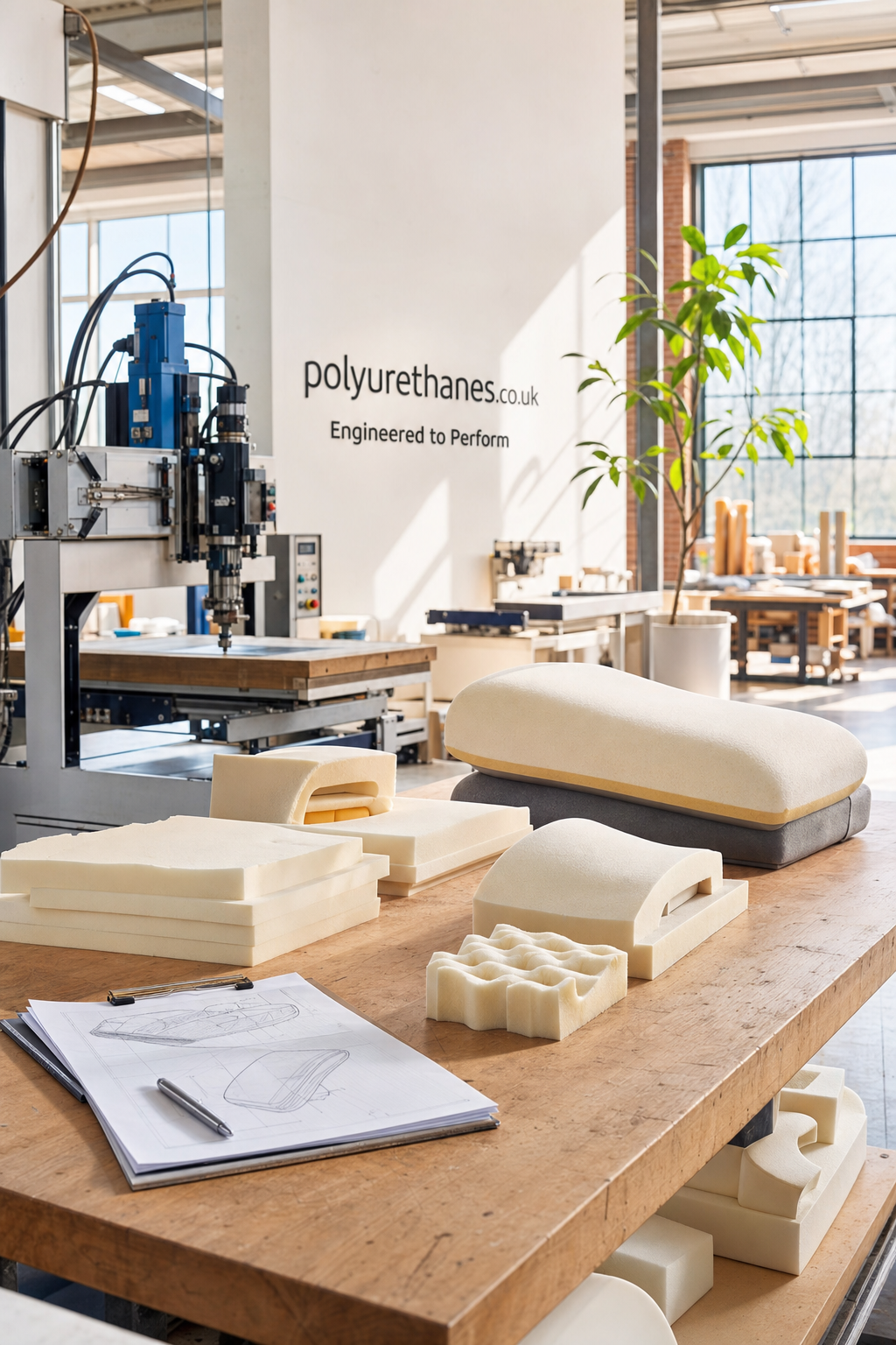 A bright industrial workshop with large windows shows a wooden table covered in various shaped polyurethane foam pieces and technical drawings; a machine stands nearby, and a tall green plant is seen in the background beneath the logo text on a white wall reading 'polyurethanes.co.uk Engineered to Perform'.