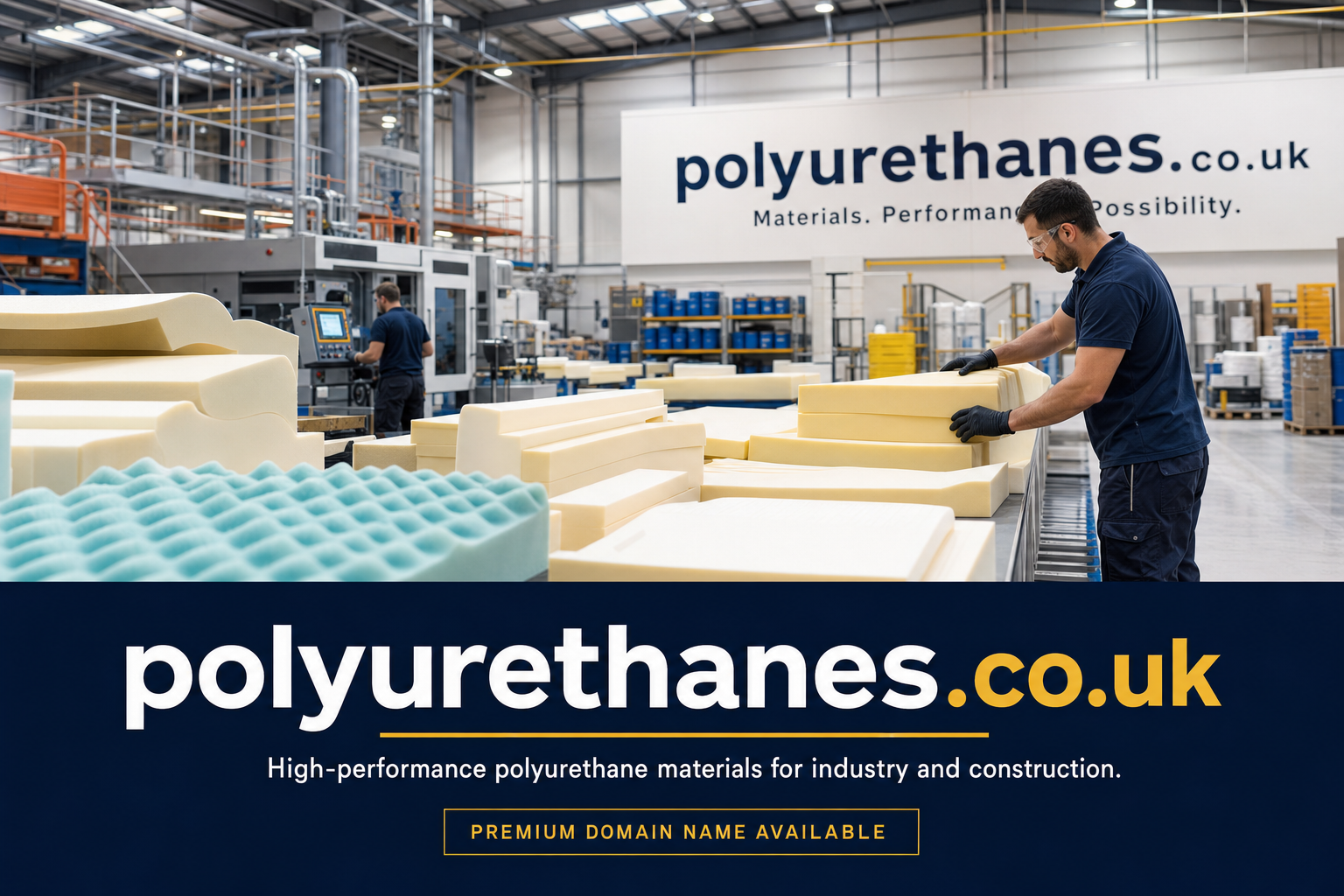 Workers wearing safety glasses handle large yellow blocks of foam in a clean industrial facility with machinery and blue barrels in the background. A large sign reads "polyurethanes.co.uk Materials. Performance. Possibility."