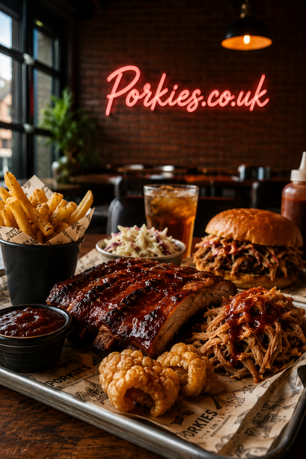 A rustic barbecue restaurant table filled with glazed pork ribs, pulled pork, crispy crackling, fries and coleslaw, with the subtle Porkies.co.uk name glowing on a warm brick wall in the background, creating an inviting modern dining atmosphere.
