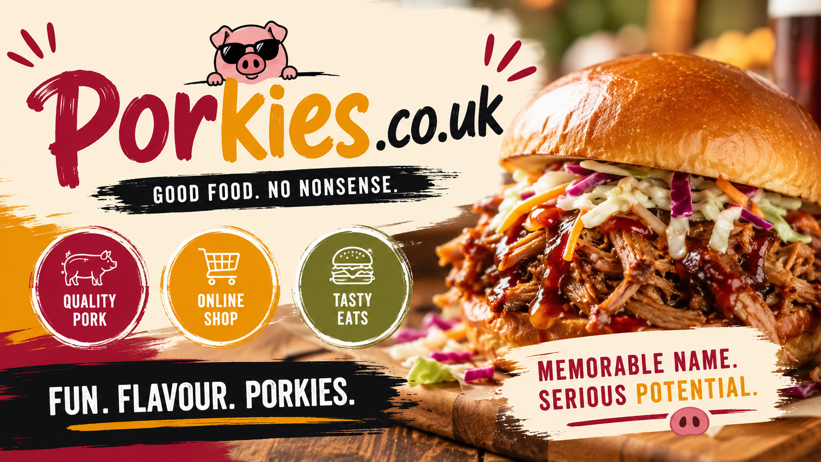 A bright, modern Twitter banner promoting Porkies.co.uk as a food and street food brand. A large pulled pork sandwich with barbecue sauce and fresh slaw sits beside bold Porkies.co.uk branding, playful pig-themed graphics and colourful food-inspired design elements. The image highlights the domain's potential as a memorable brand for quality pork products, restaurants or food ecommerce, with a clear message that the domain is available for sale.