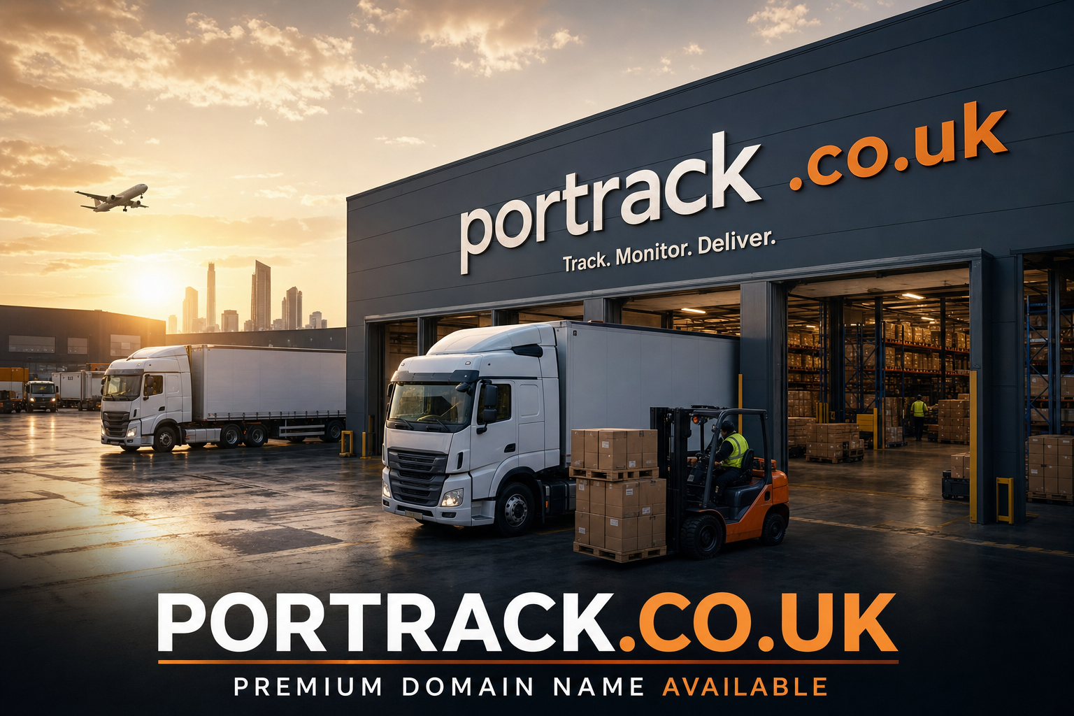 Warehouse exterior at sunset with large delivery trucks parked outside and a forklift moving stacked boxes. An airplane flies overhead against a city skyline. The building features signage reading 'portrack .co.uk Track. Monitor. Deliver.' and text below states 'PORTRACK.CO.UK PREMIUM DOMAIN NAME AVAILABLE.'