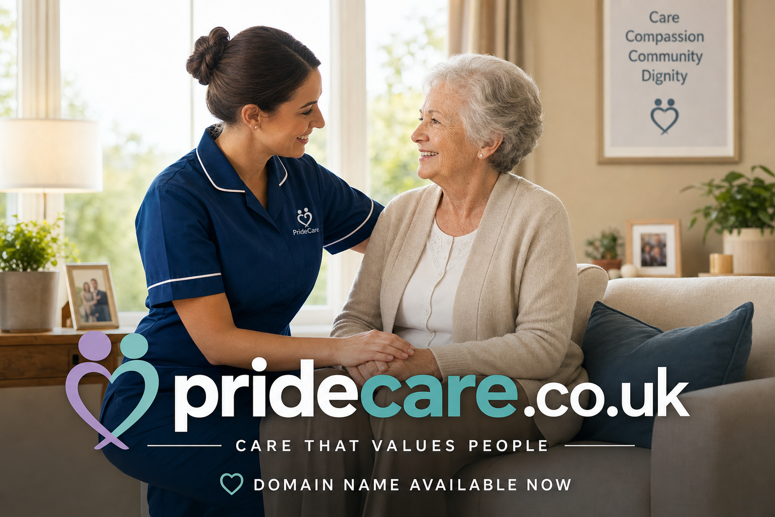 A caregiver in navy uniform gently holds hands and smiles warmly at an elderly woman sitting on a beige sofa in a bright living room. A framed sign on the wall reads "Care Compassion Community Dignity." Text overlay says "pridecare.co.uk Care That Values People Domain Name Available Now."