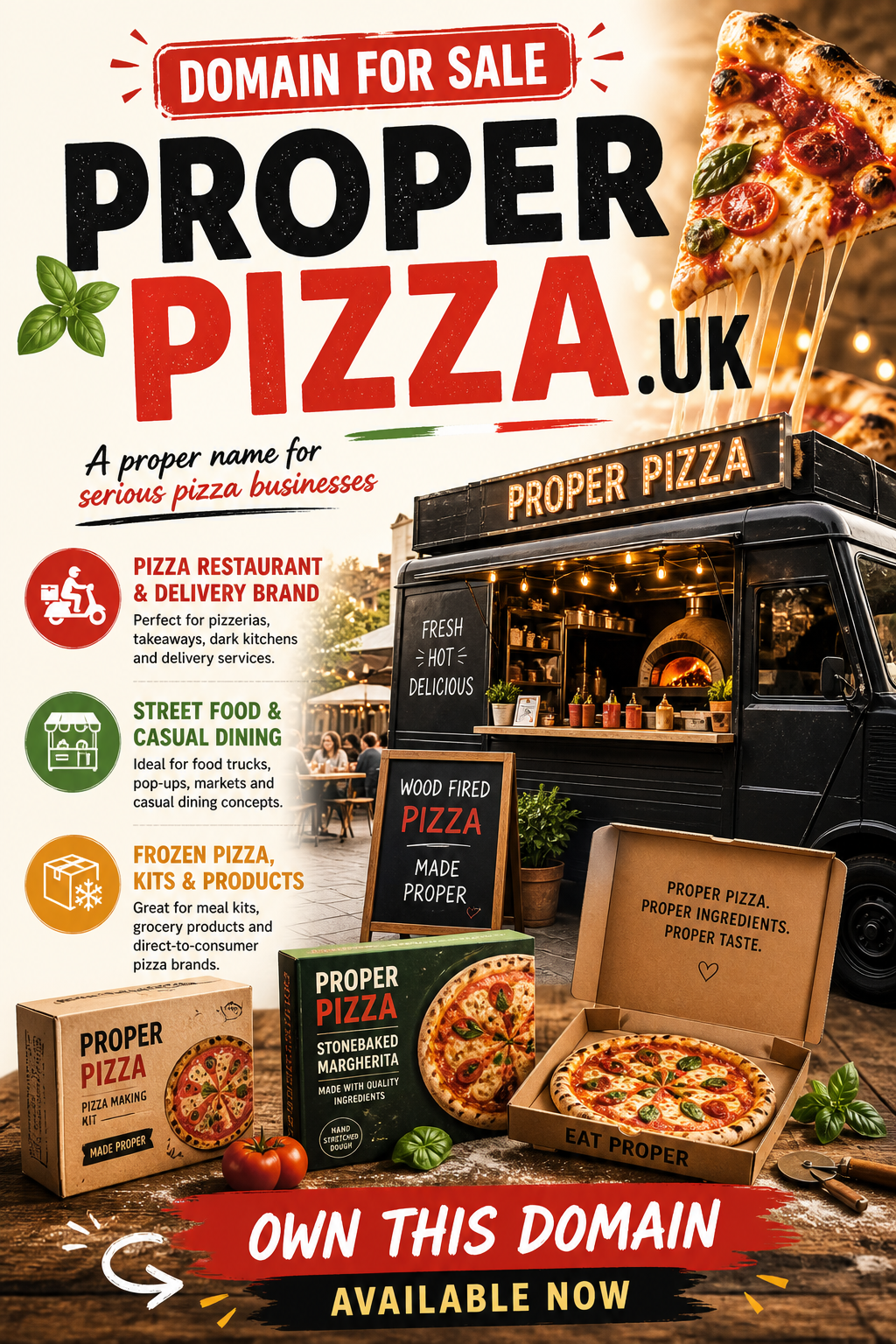 Promotional graphic featuring the domain properpizza.uk, shown with pizza oven and delivery icons. Style: warm modern food branding.