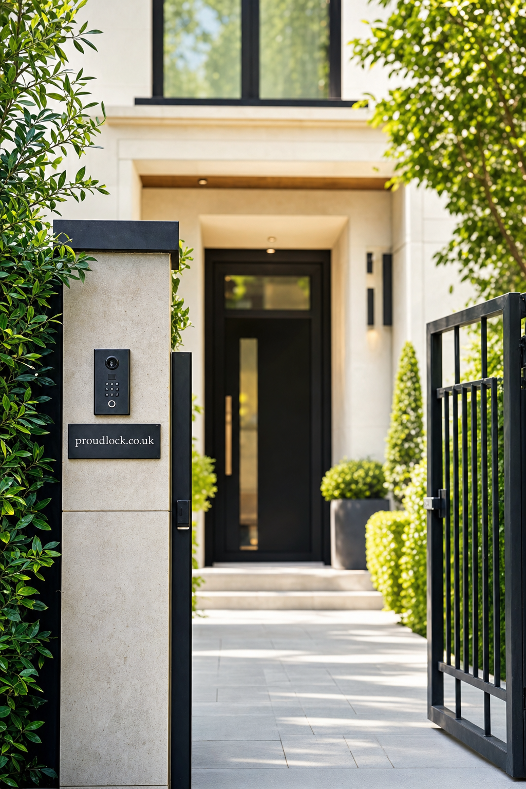 Entrance to a modern home featuring a black security gate and an access control keypad mounted on a stone pillar, surrounded by green plants and leading to a black front door.