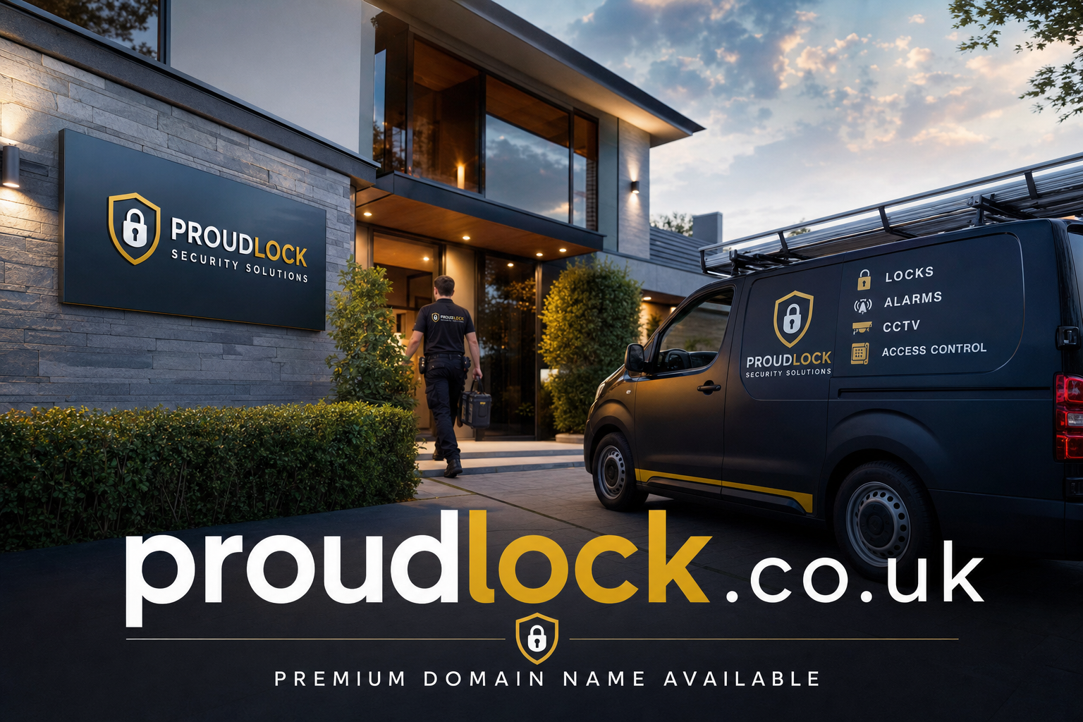 A technician carrying a toolbox approaches the entrance of a modern, well-lit house in the evening. A dark van with ProudLock Security Solutions branding is parked nearby, listing services including locks, alarms, CCTV, and access control.