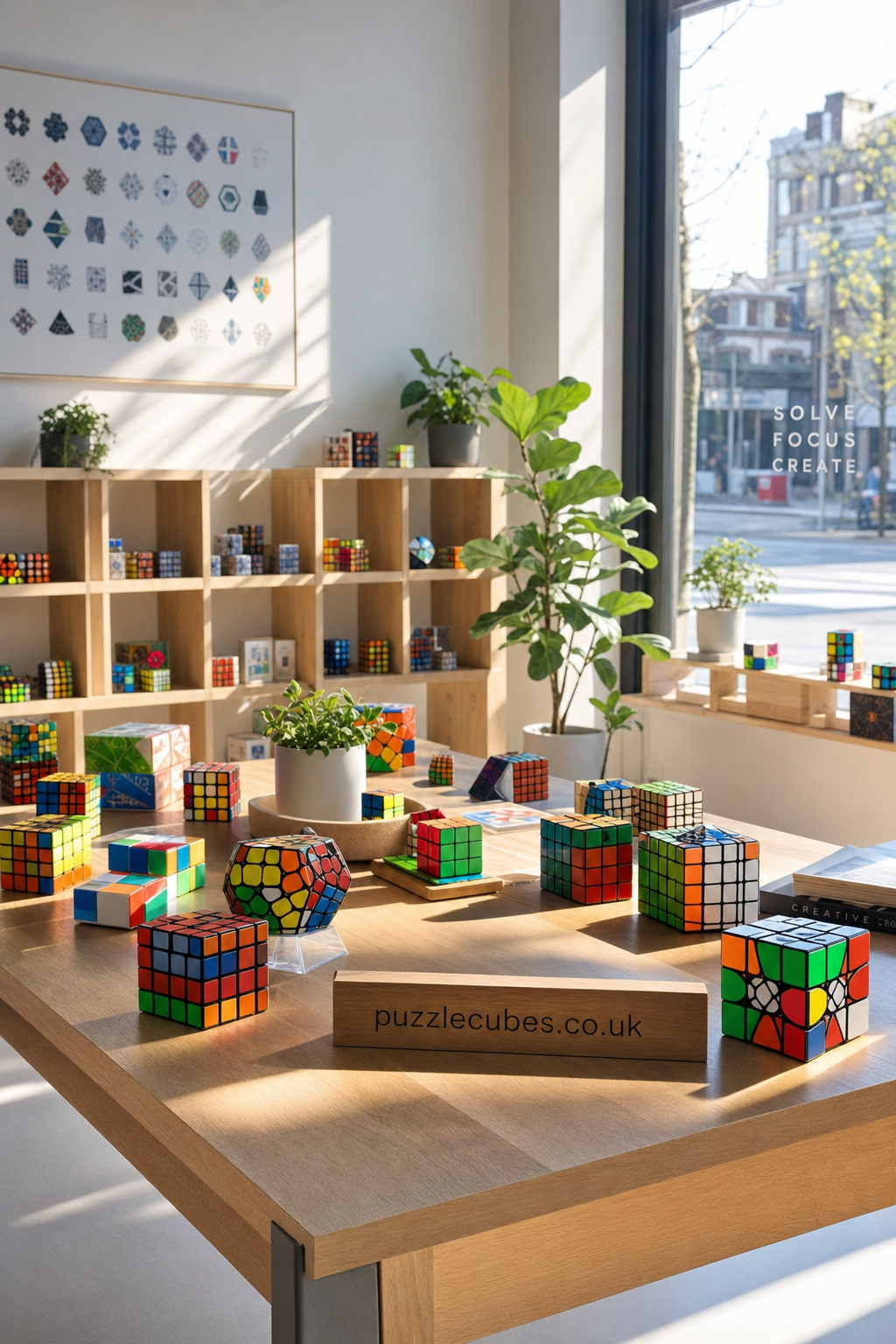 Sunlit modern showroom with a wooden table and shelving displaying various colorful puzzle cubes and brain teasers alongside green potted plants, with a window view of an urban street.