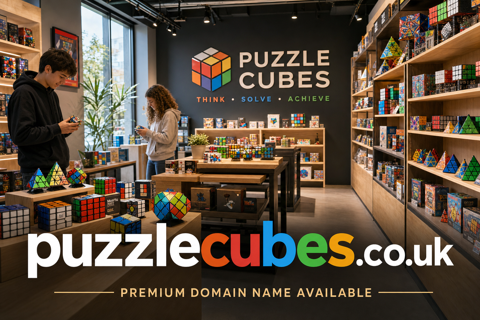 Two young people examine various colorful twisty puzzles including Rubik's cubes in a well-lit store filled with shelves of puzzle cubes and geometric puzzles. The wall features a large logo reading "PUZZLE CUBES THINK SOLVE ACHIEVE."