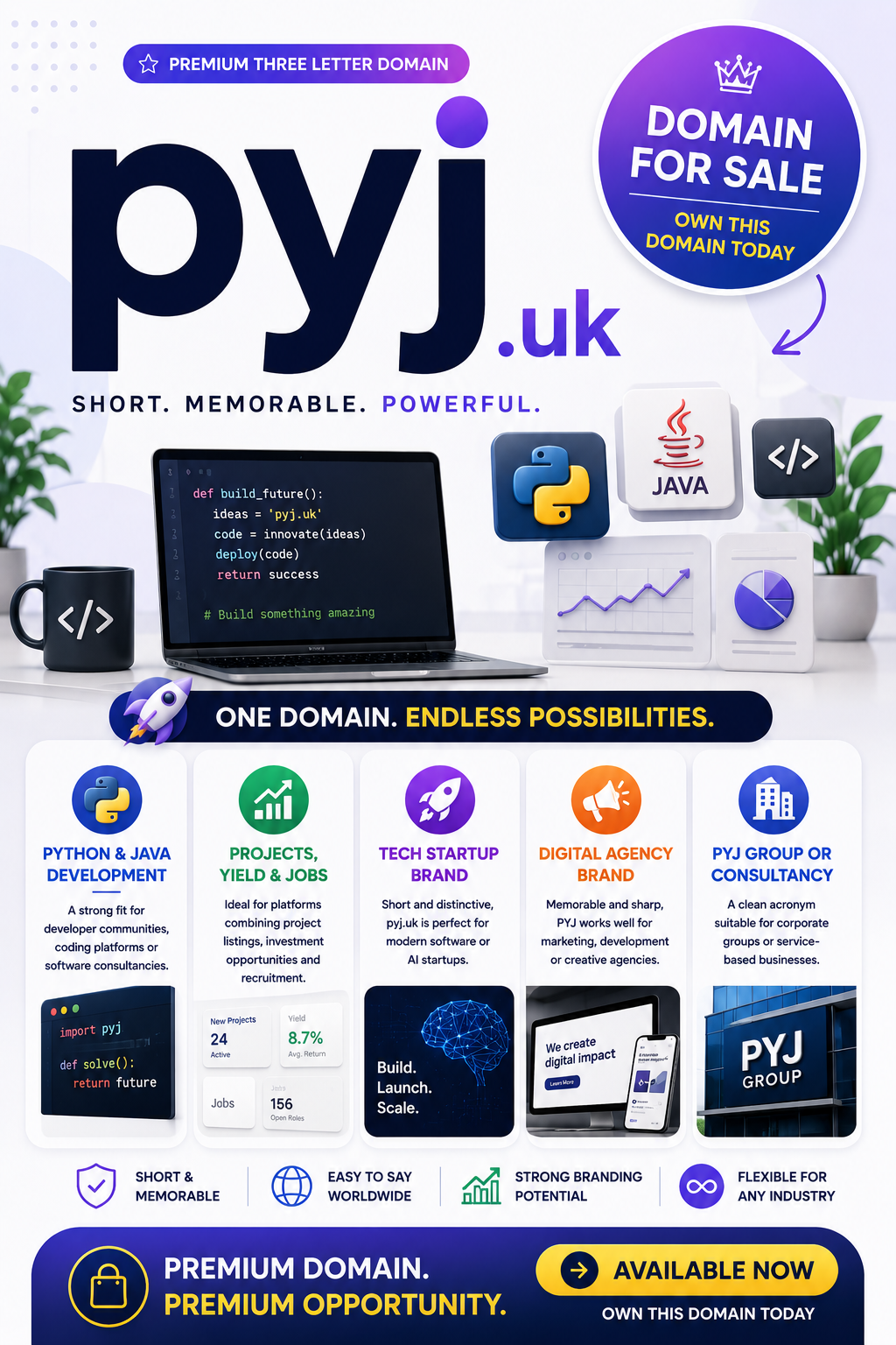 Promotional graphic featuring the domain pyj.uk with coding icons, startup visuals and bold sale text. Style: bright modern tech branding.