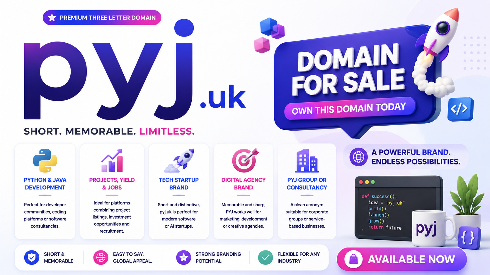 Promotional graphic featuring the domain pyj.uk with coding icons, startup visuals and bold sale text. Style: bright modern tech branding.