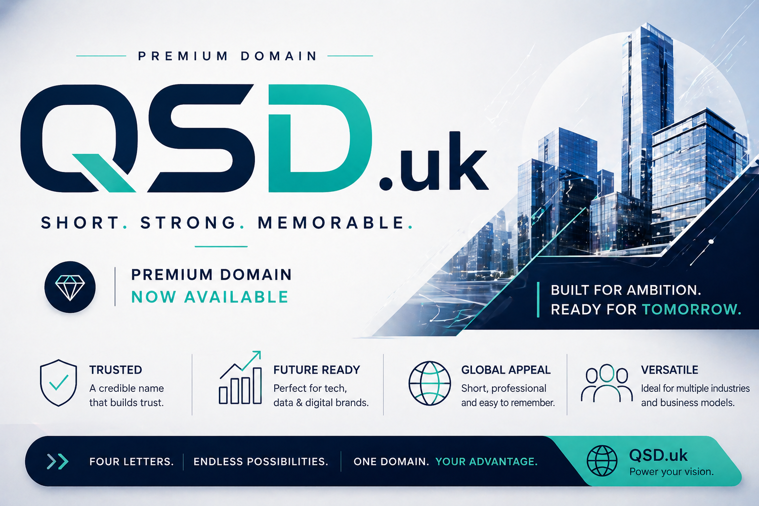 Promo banner featuring the domain qsd.uk with bold geometric lettering, abstract cityscape and subtle data lines, in a clean modern corporate-tech layout.