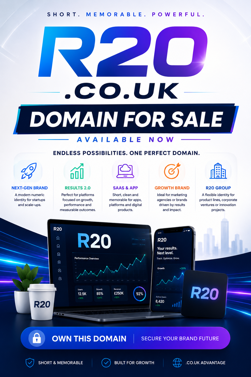 Promotional graphic featuring the domain r20.co.uk with futuristic R20 branding, startup icons and bold for-sale text. Style: modern tech aesthetic.