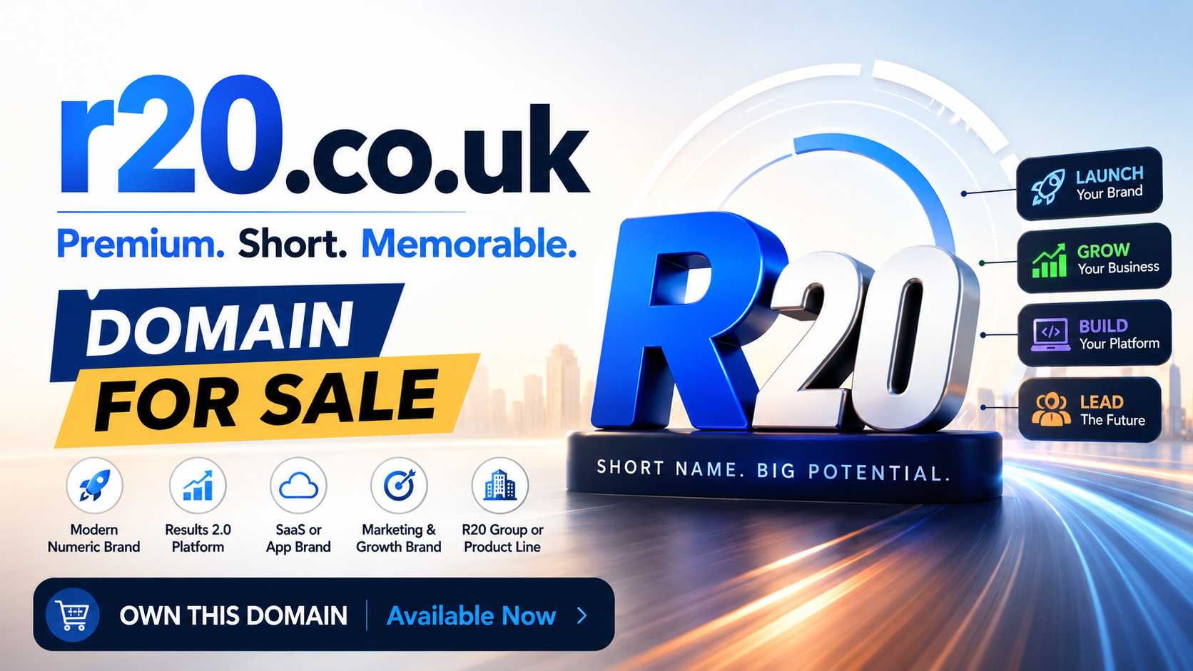 Promotional graphic featuring the domain r20.co.uk with futuristic R20 branding, startup icons and bold for-sale text. Style: modern tech aesthetic.