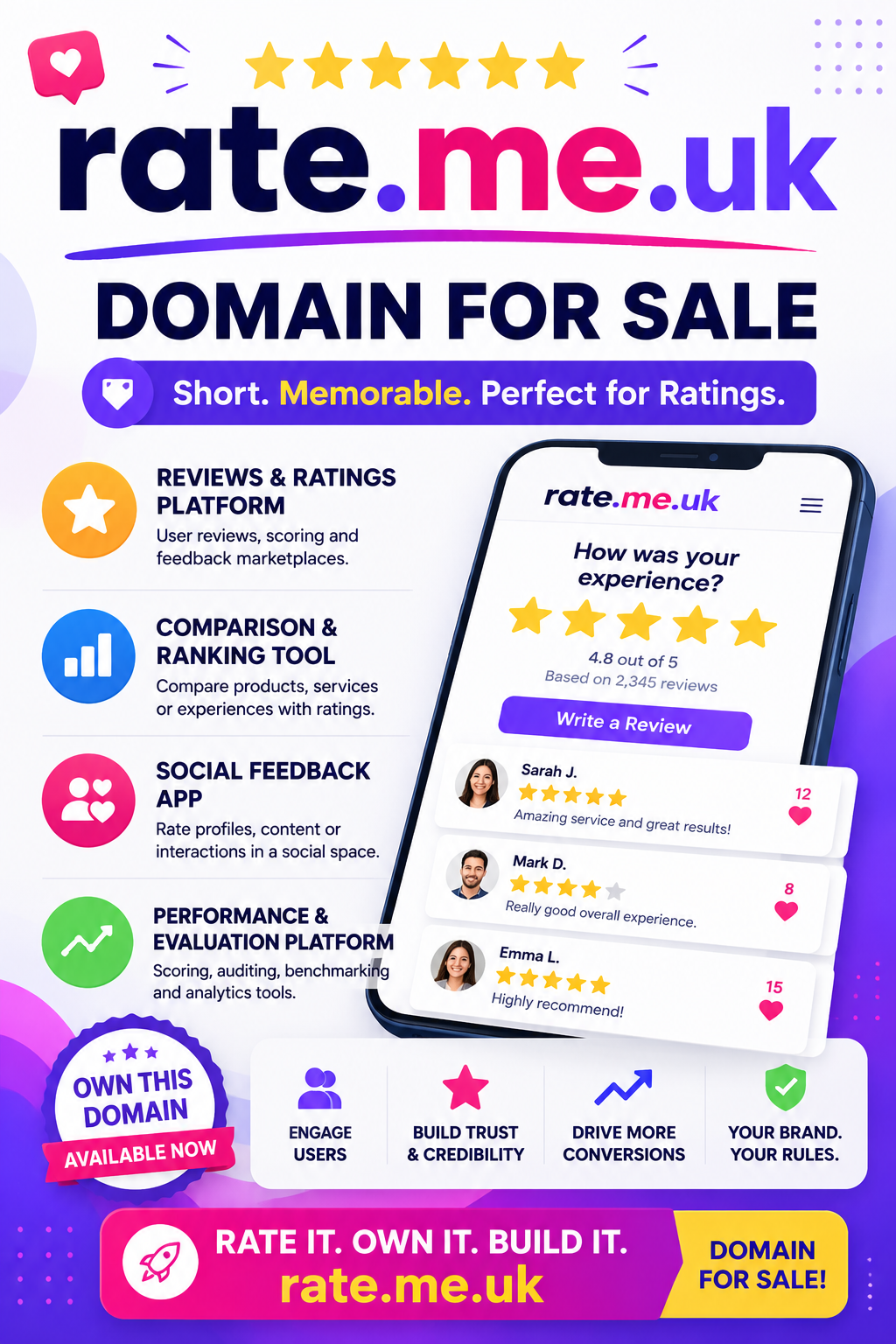 Promotional graphic featuring the domain rate.me.uk with star ratings, review cards and bold modern branding. Style: vibrant tech startup.