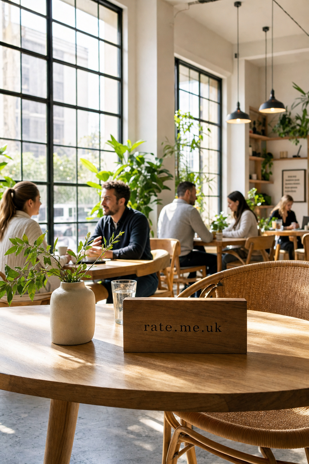 Sunlit café interior with large black-framed windows, wooden tables, hanging lamps, green plants, and people engaged in conversations, featuring a wooden sign on a round table displaying 'rate.me.uk'.