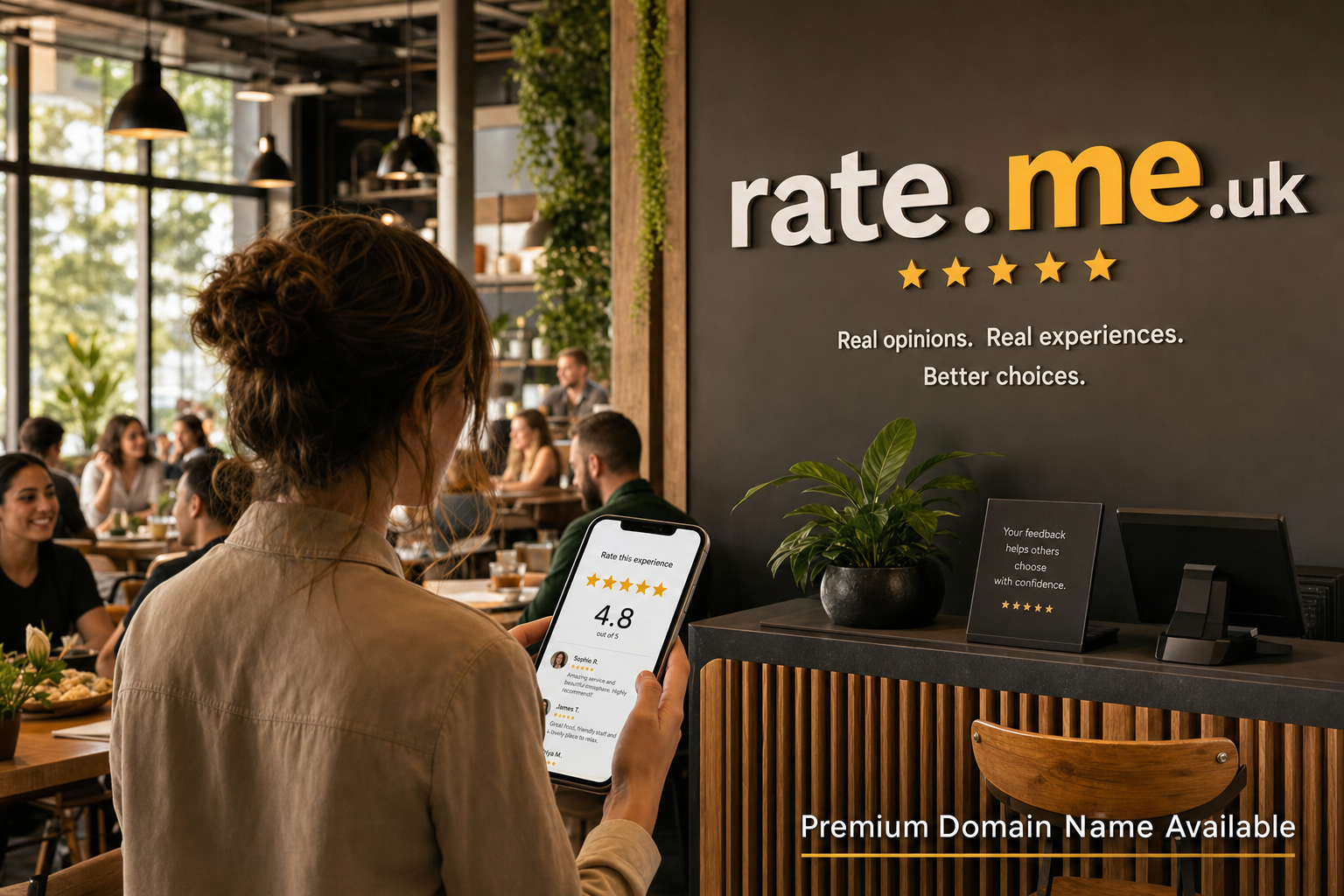 A woman in a casual beige shirt holds a smartphone showing a 4.8-star rating and customer reviews inside a bright, modern café filled with people. On the wall, "rate.me.uk" is displayed with five yellow stars and the phrases "Real opinions. Real experiences. Better choices." A sign and plant sit on a counter with wooden slats and seating in front.