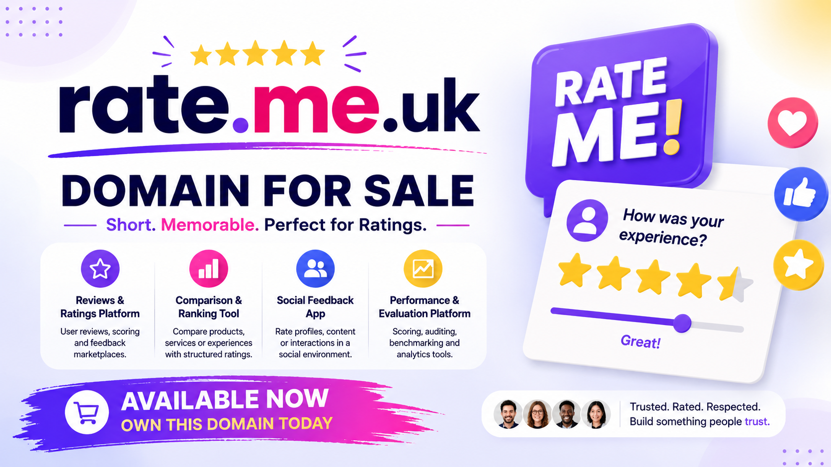 Promotional graphic featuring the domain rate.me.uk with star ratings, review cards and bold modern branding. Style: vibrant tech startup.