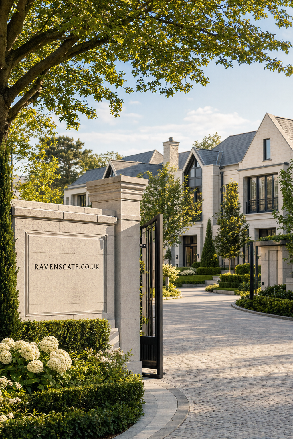Elegant gated entrance to a premium residential estate with luxury stone homes and lush landscaping under soft sunlight