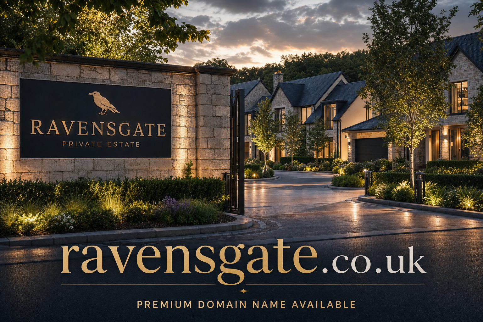 Stone entrance sign for Ravensgate Private Estate with a raven logo, illuminated landscaping, and a gated driveway leading to upscale houses at dusk. Text at the bottom reads 'ravensgate.co.uk premium domain name available.'
