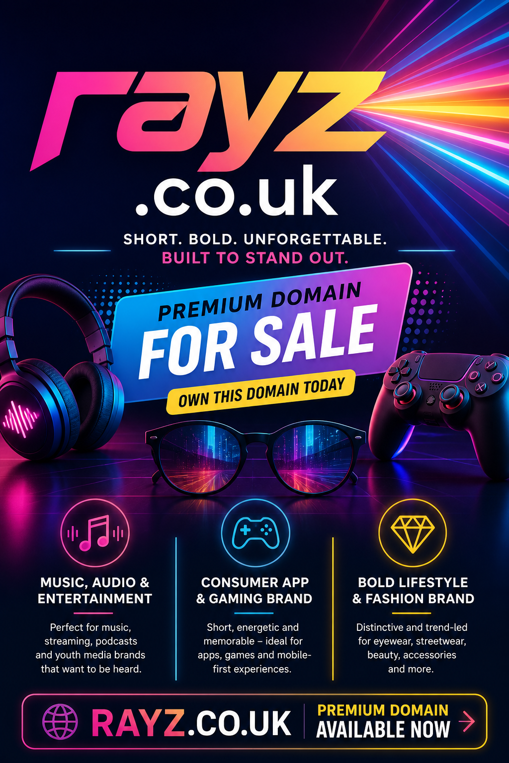 Promotional graphic featuring the domain rayz.co.uk, shown with headphones and gaming icons. Style: vibrant neon modern