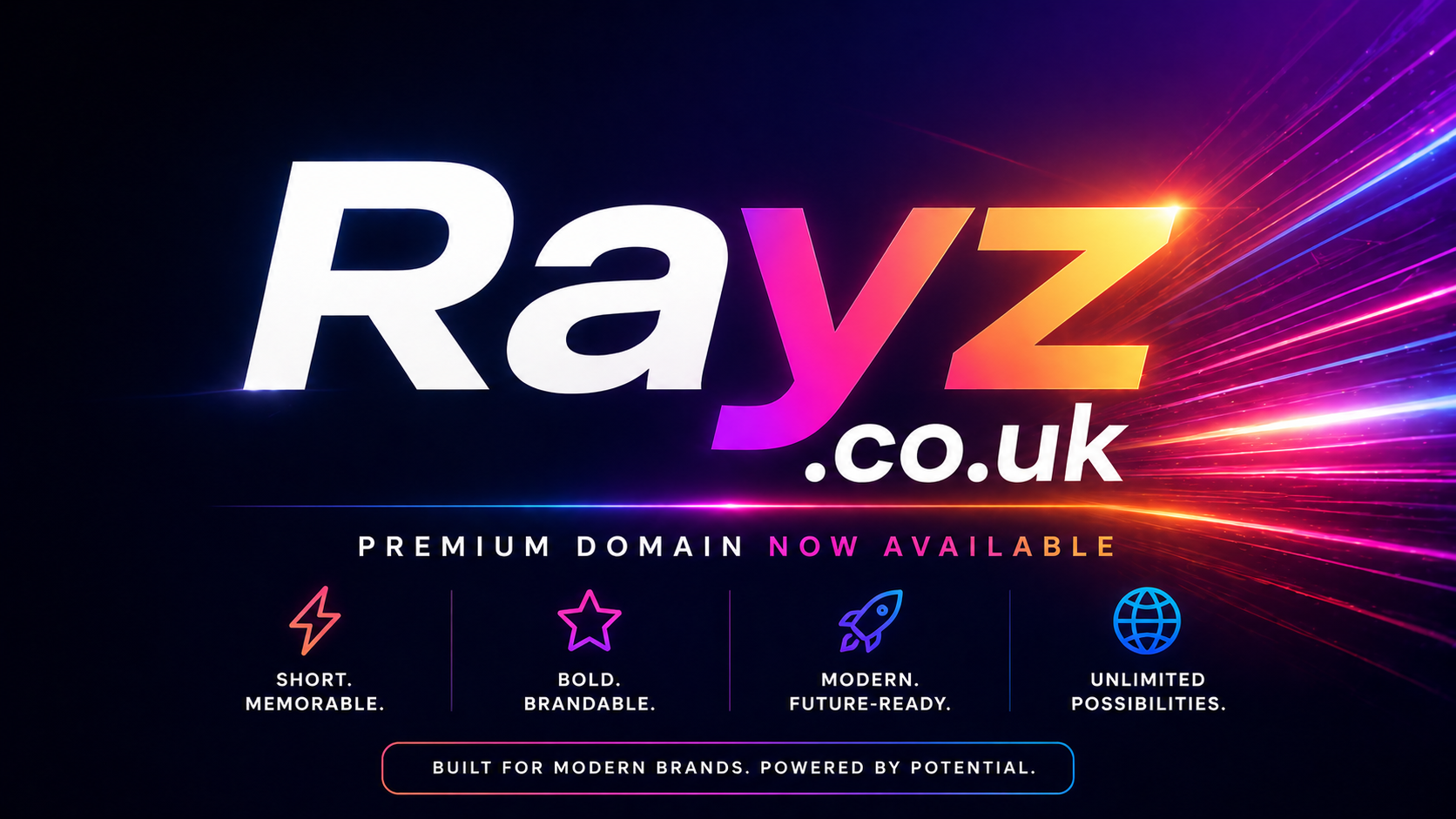 Promo banner featuring the domain Rayz.co.uk with glowing gradient text and light streak effects. Style: vibrant, modern, tech-inspired