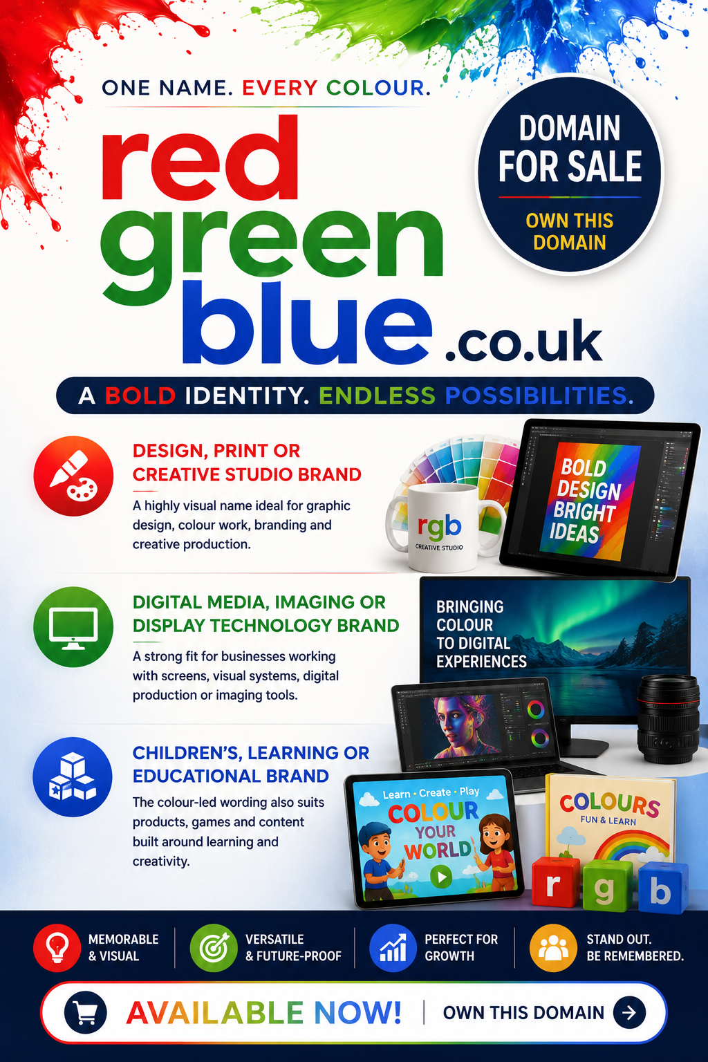 Promotional graphic for redgreenblue.co.uk with RGB typography, colourful paint splashes and creative tech visuals. Style: vibrant modern.
