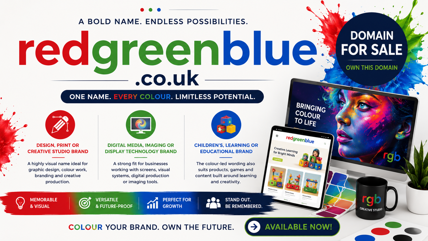 Promotional graphic for redgreenblue.co.uk with RGB typography, colourful paint splashes and creative tech visuals. Style: vibrant modern.