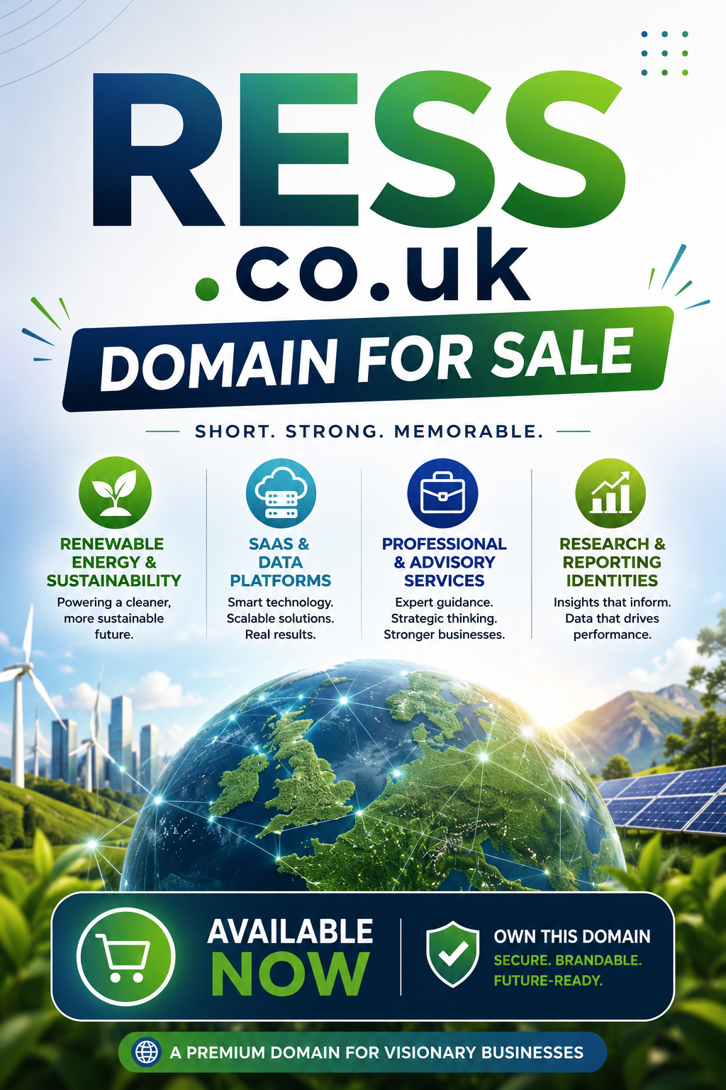 Promotional graphic featuring the domain RESS.co.uk with eco-tech globe, wind turbines and modern green business styling.