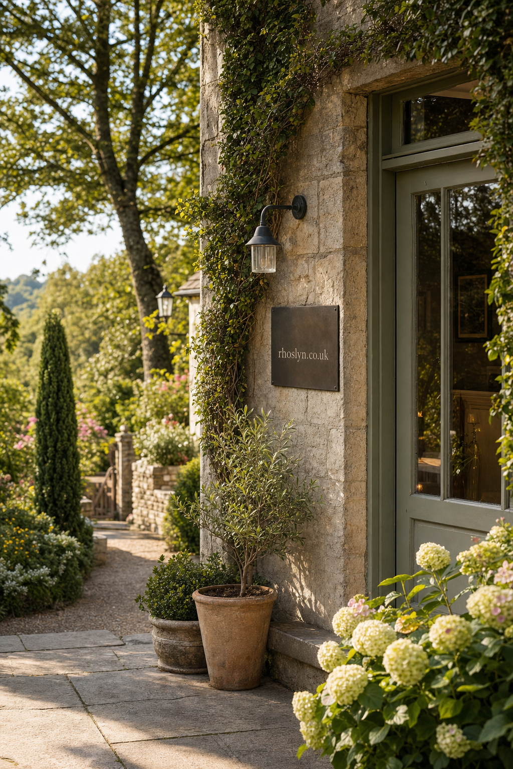 Stone building entrance with a rustic green door and a black sign reading rhoslyn.co.uk, surrounded by potted plants and flowering shrubs along a sunlit garden pathway