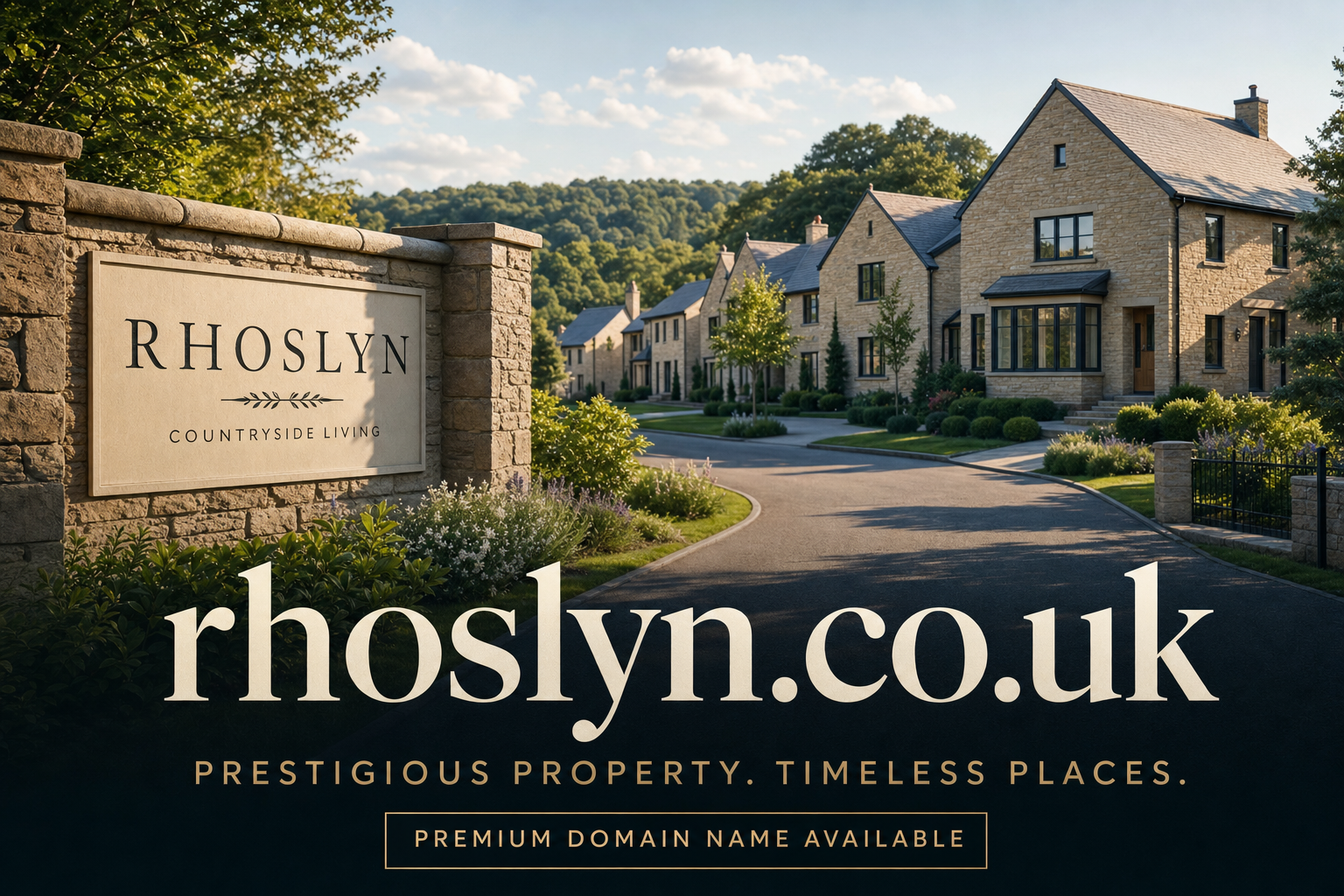 A stone entrance sign reading "RHOSLYN COUNTRYSIDE LIVING" stands beside a winding road lined with large, modern stone houses under a partly cloudy sky, surrounded by lush greenery and trees.