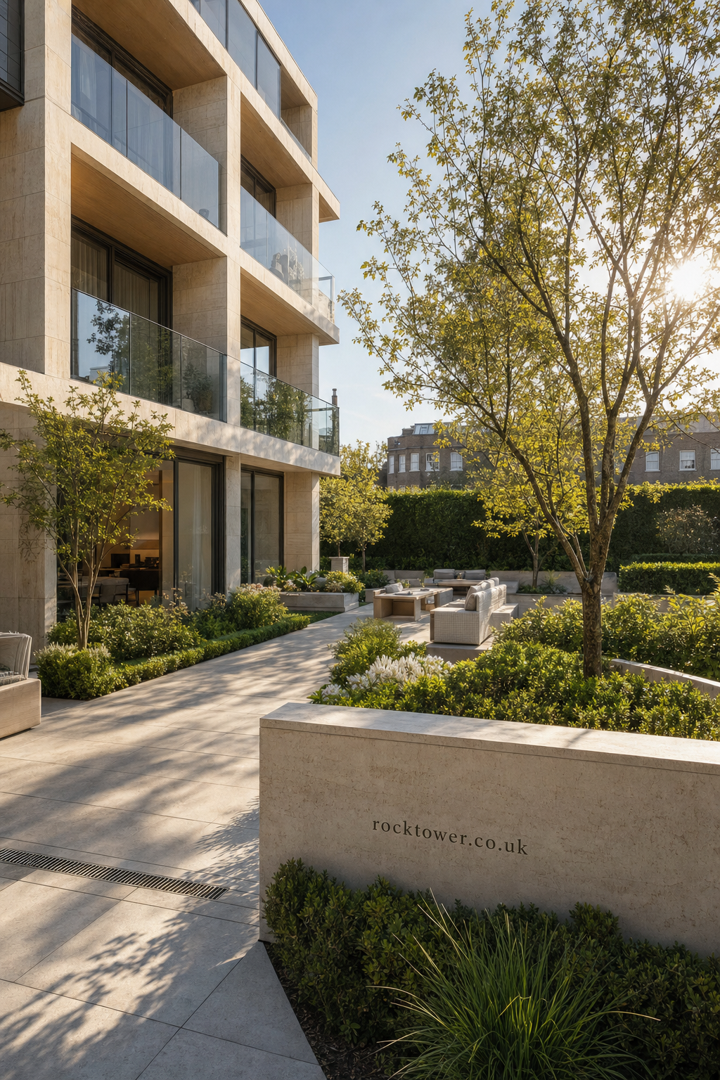 Modern luxury residential building with large glass balconies surrounded by a well-landscaped garden featuring trees, shrubs, and outdoor seating areas bathed in warm sunlight.