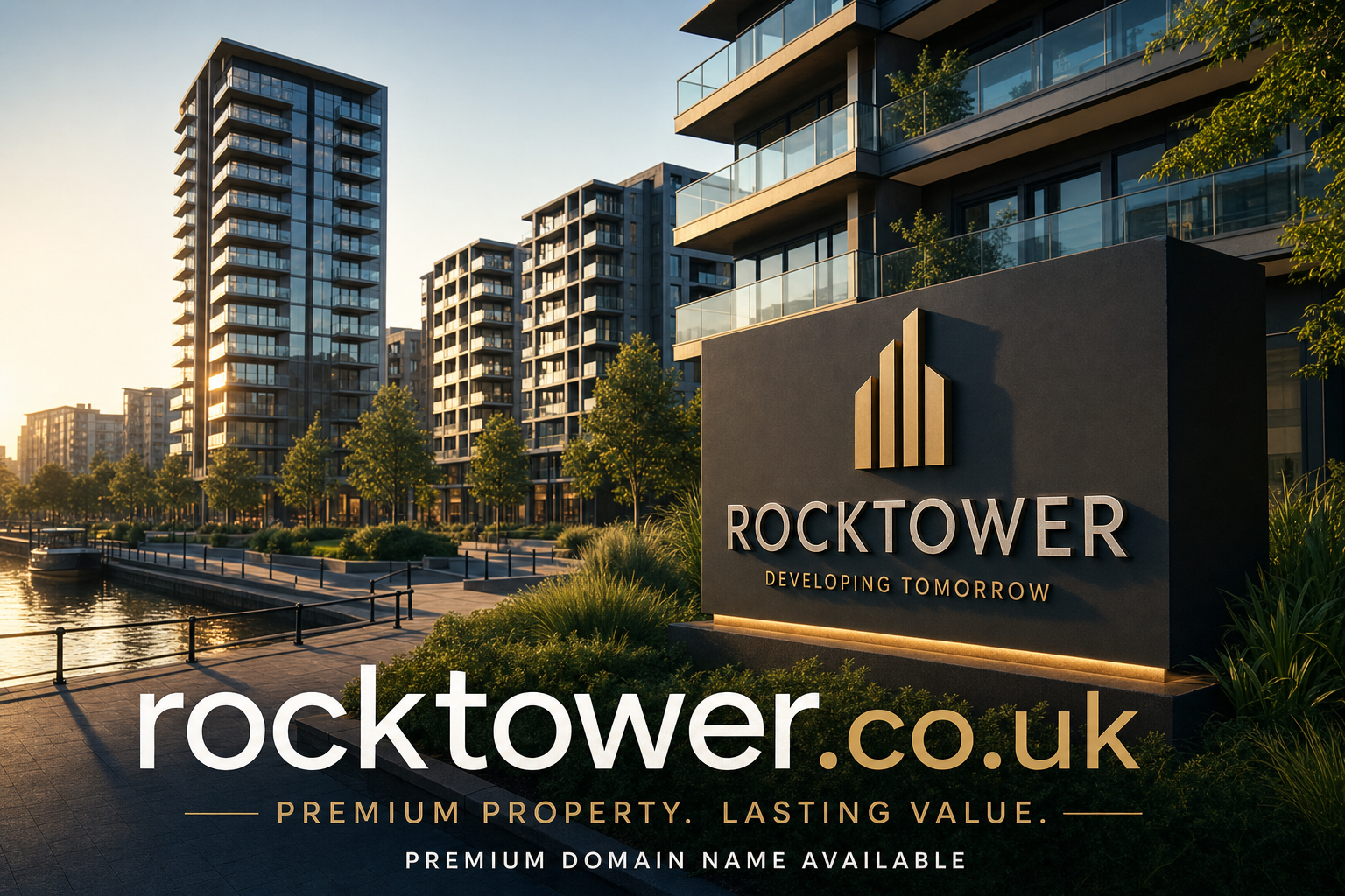 Sunlit modern apartment buildings along a waterfront promenade with lush greenery and trees. A large sign reads "ROCKTOWER Developing Tomorrow." Text below advertises the premium domain rocktower.co.uk as available.