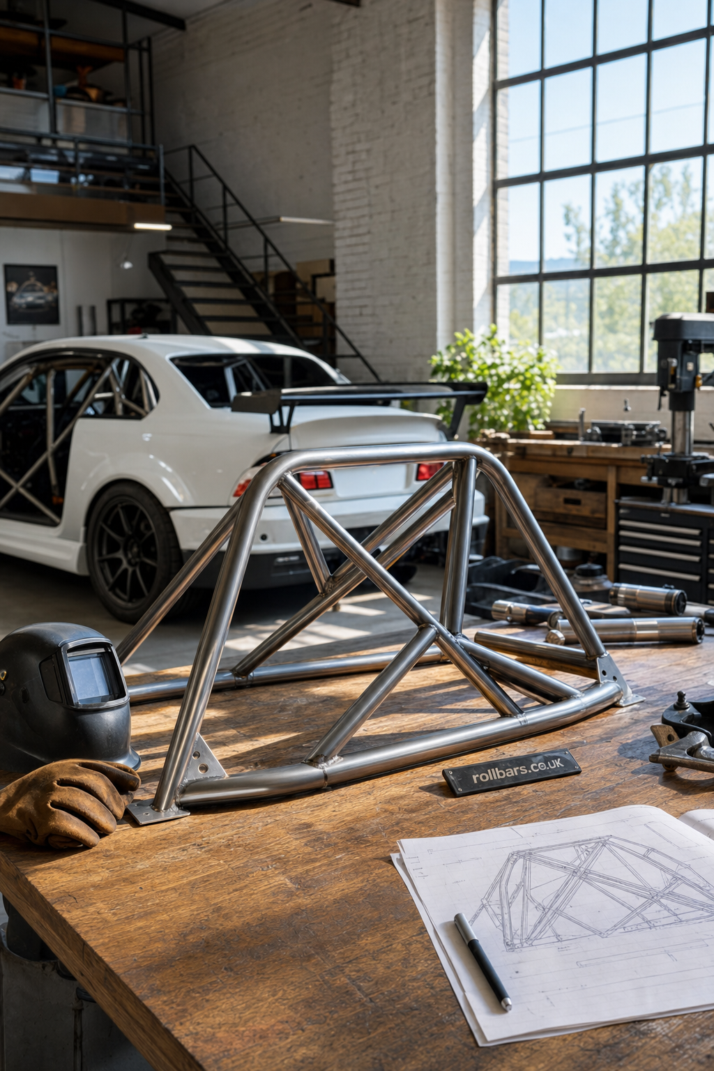 Metal roll bar frame placed on a wooden workbench in a bright workshop with a white race car in the background, along with mechanical tools, gloves, welding mask, and detailed engineering drawings.
